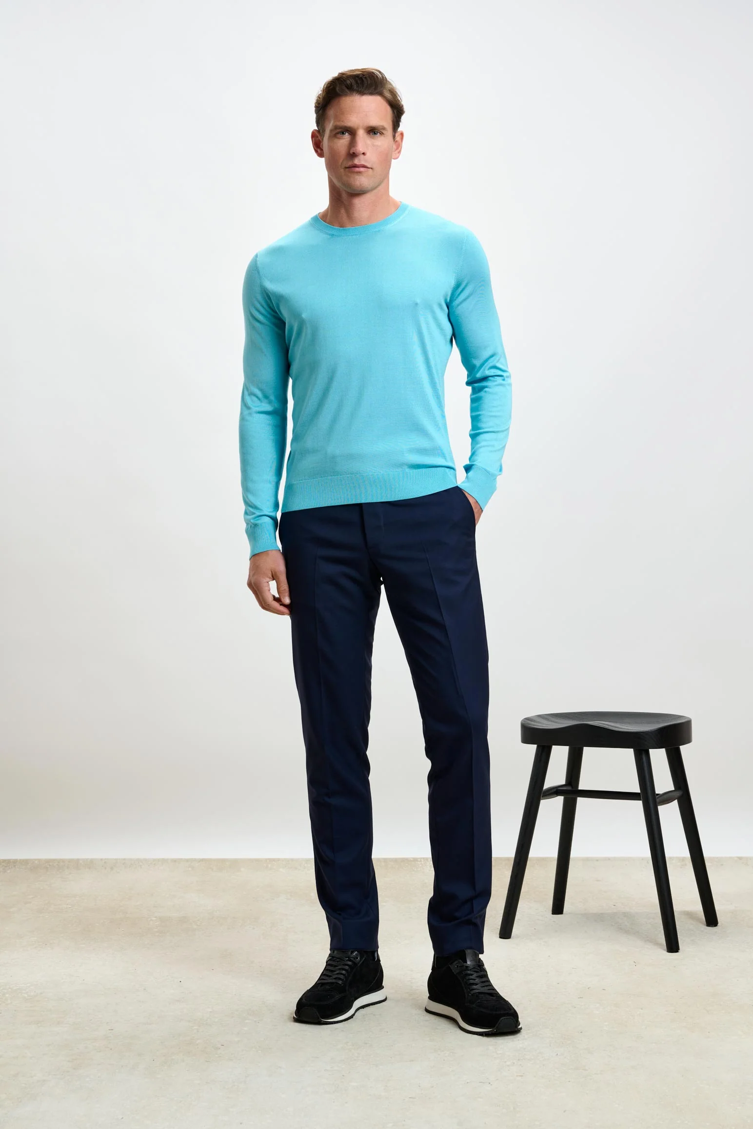 Turquoise Blue Silk Crewe Long Sleeve Sweater - Image 4