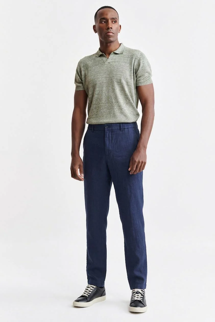 Dark Blue 100% Linen Drawstring Trousers Pure Linen - Image 3