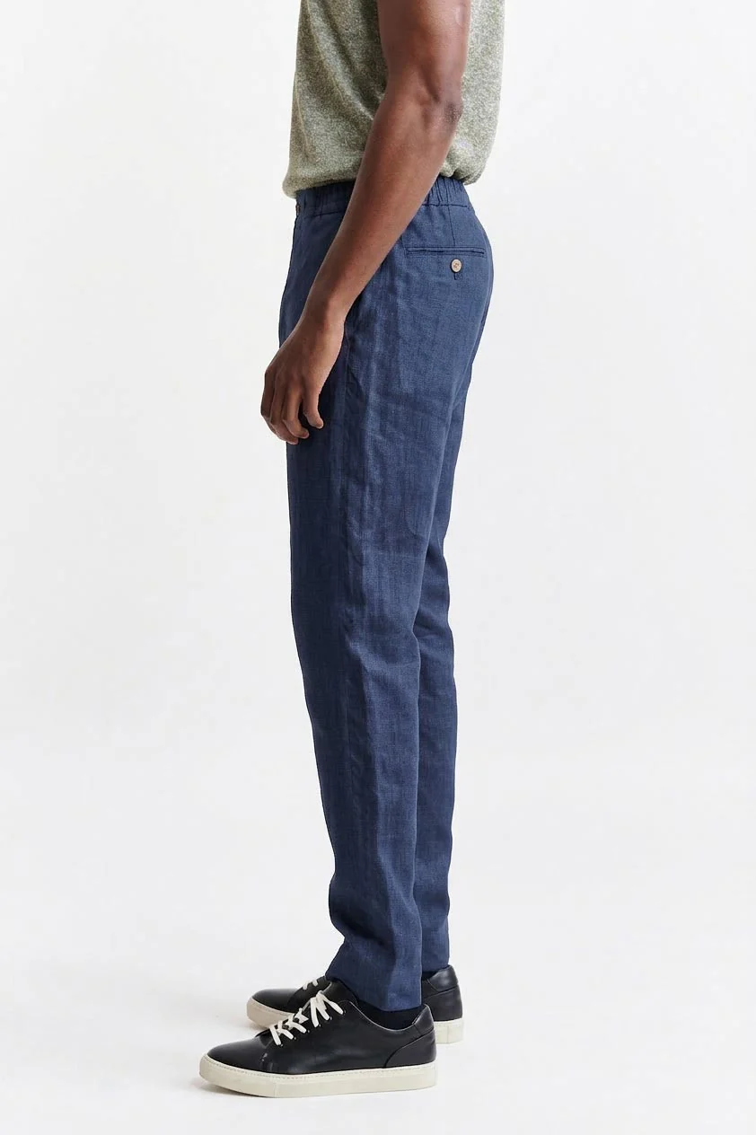 Dark Blue 100% Linen Drawstring Trousers Pure Linen - Image 4