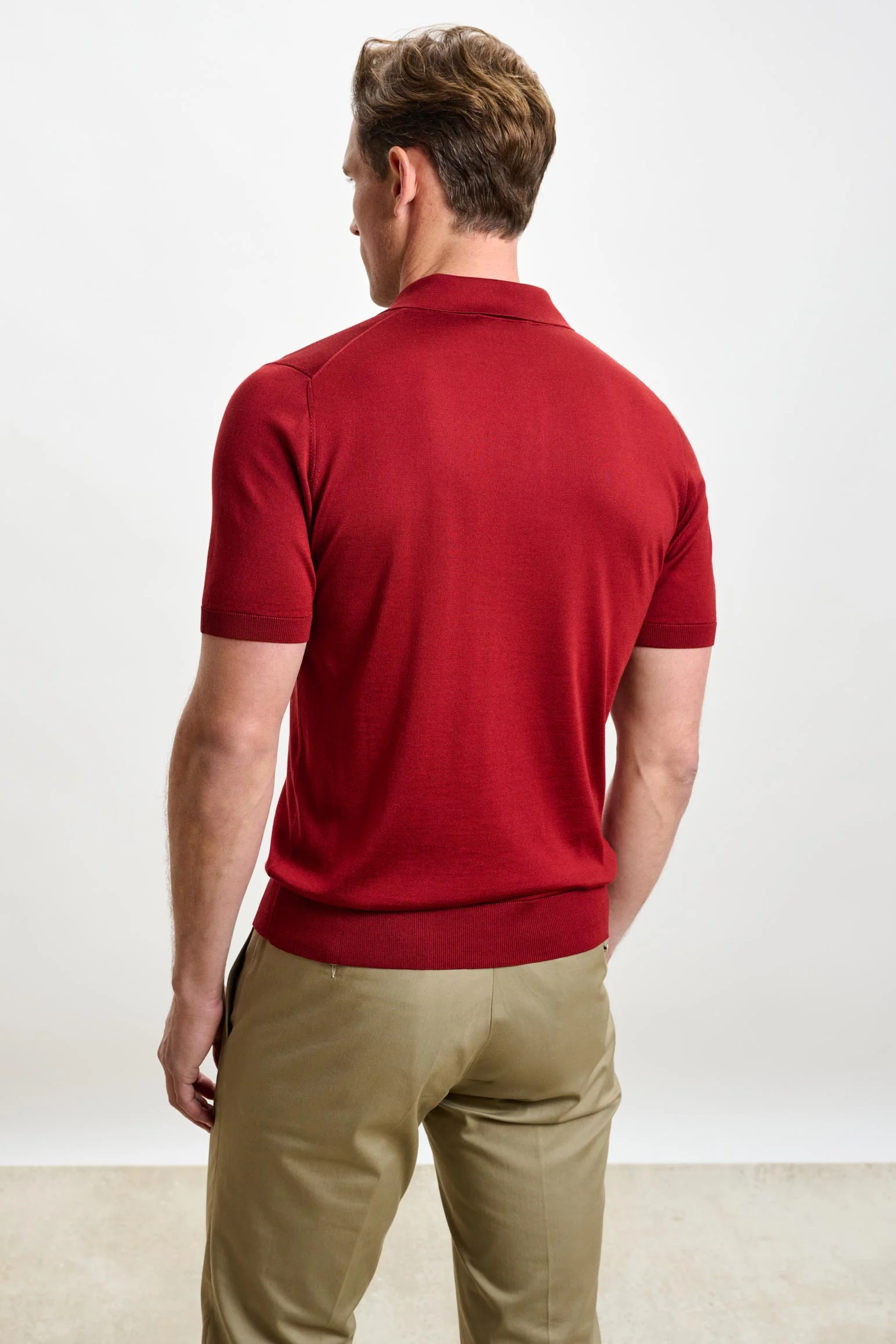 Red Silk Knitted Kendal Short Sleeve 3 Button Polo Shirt - Image 4