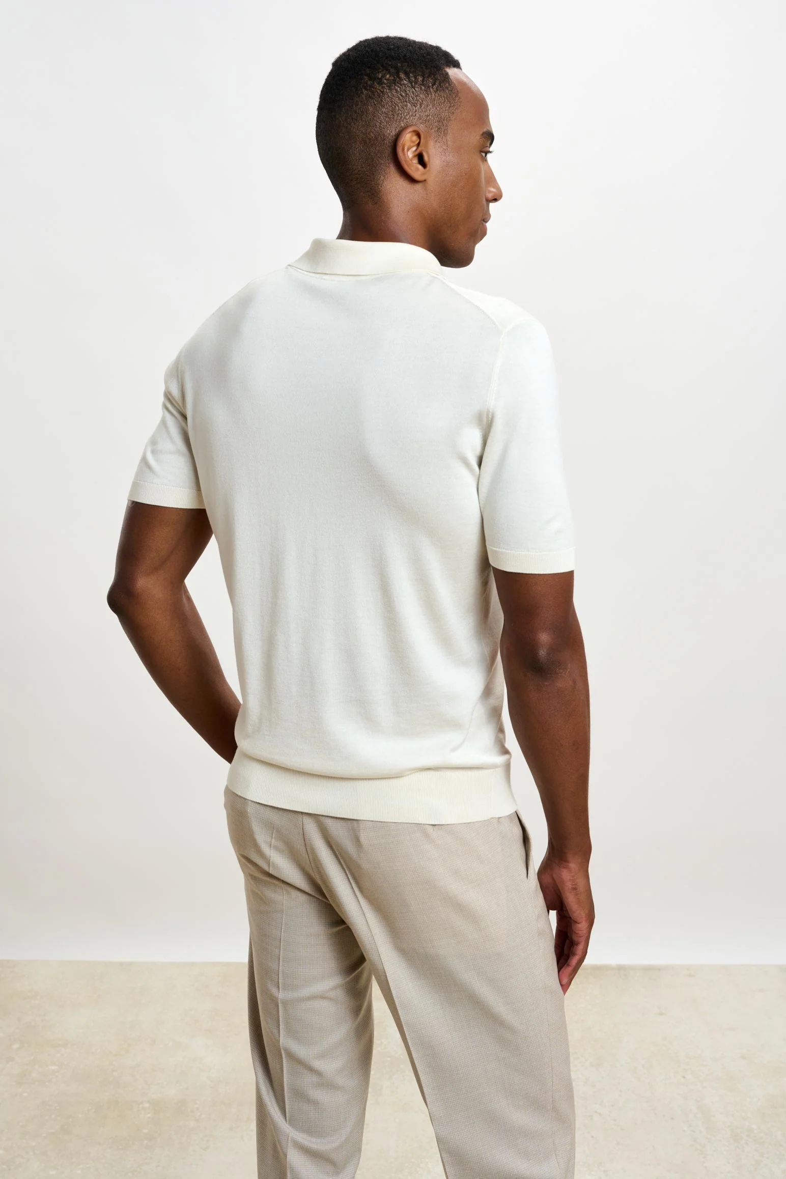 Cream Silk Knitted Kendal Short Sleeve 3 Button Polo Shirt - Image 4