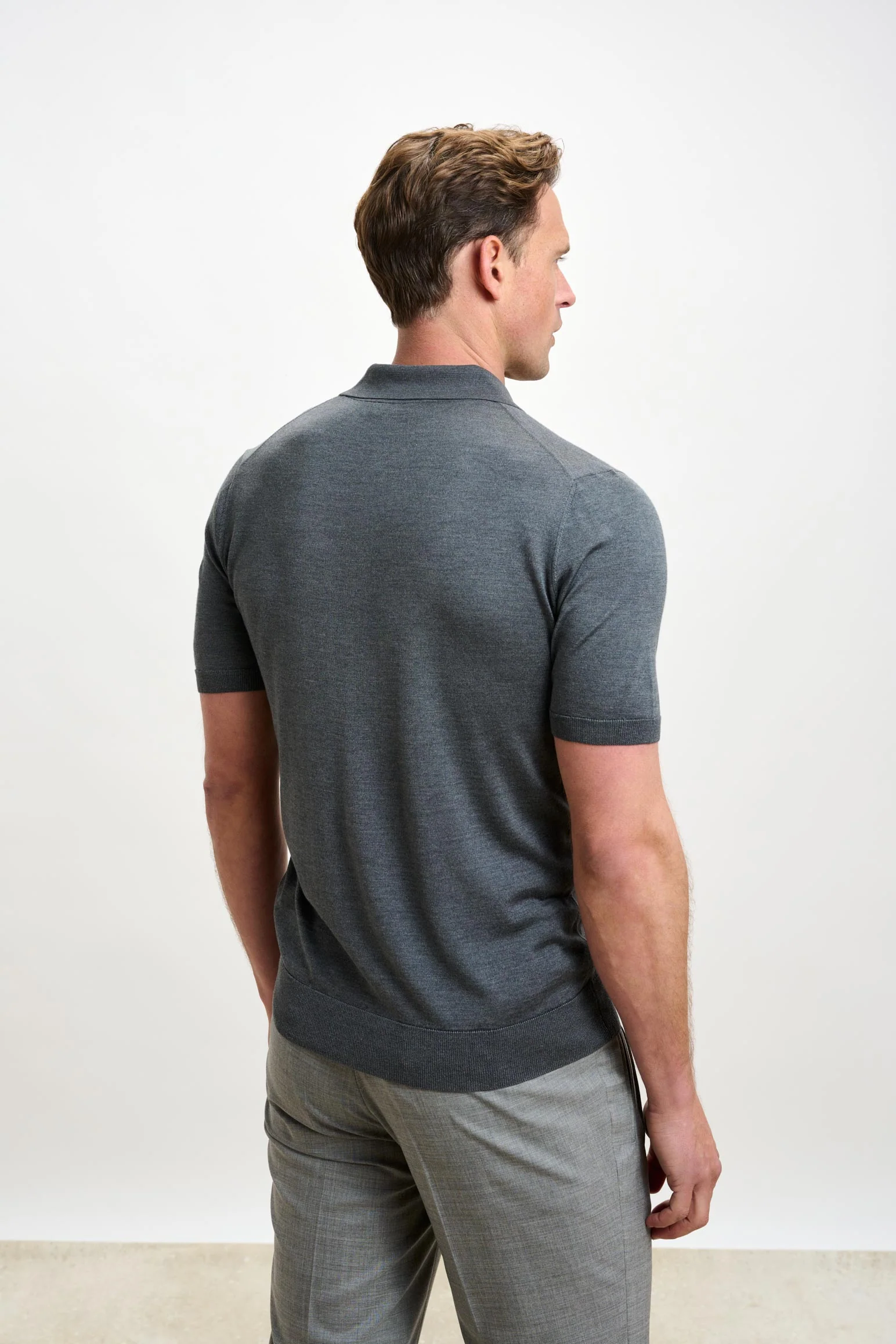 Grey Silk Knitted Kendal Short Sleeve 3 Button Polo Shirt - Image 4