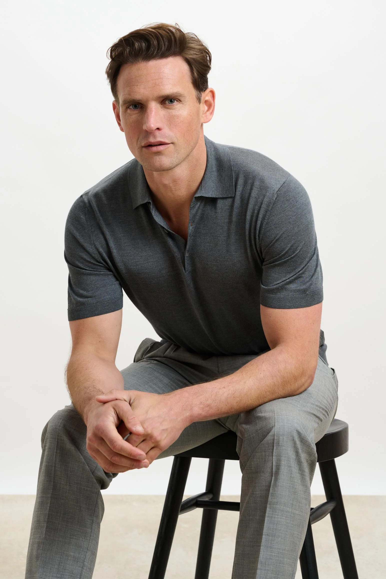 Grey Silk Knitted Kendal Short Sleeve 3 Button Polo Shirt - Image 7