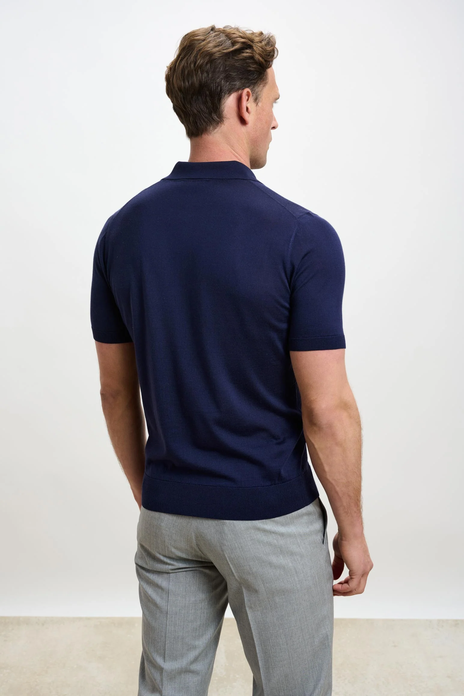 Navy Silk Knitted Kendal Short Sleeve 3 Button Polo Shirt - Image 3