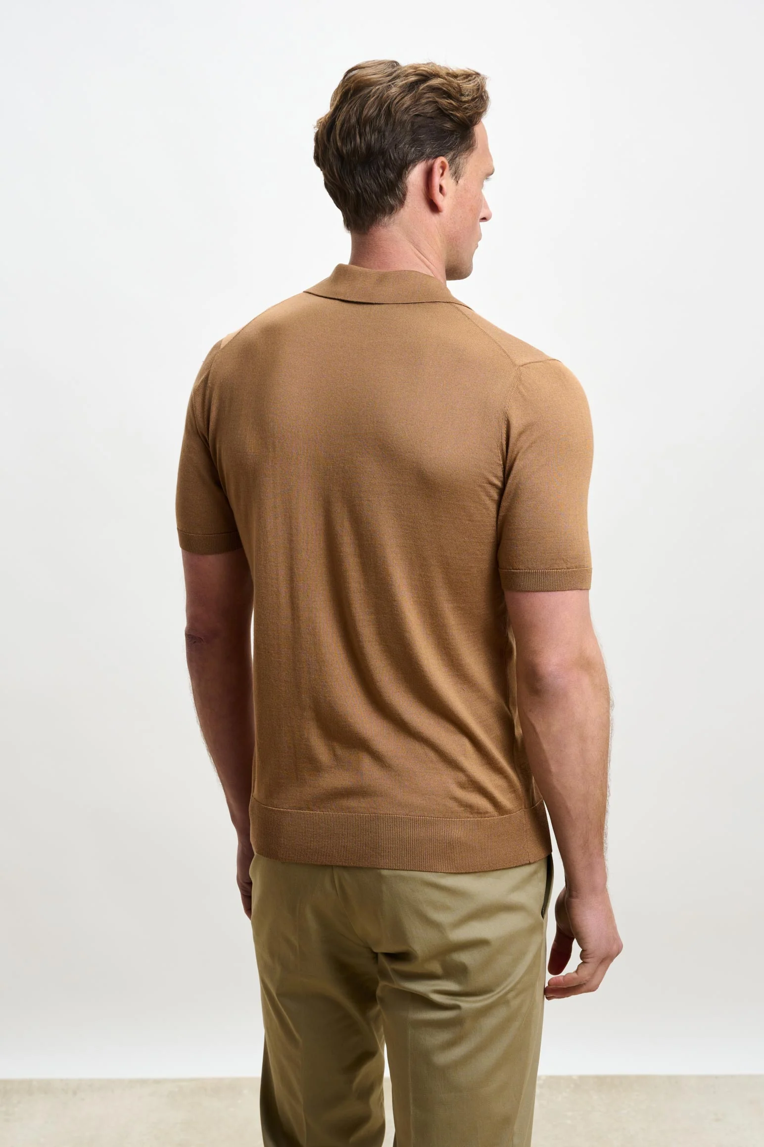 Tobacco Silk Knitted Kendal Short Sleeve 3 Button Polo Shirt - Image 5