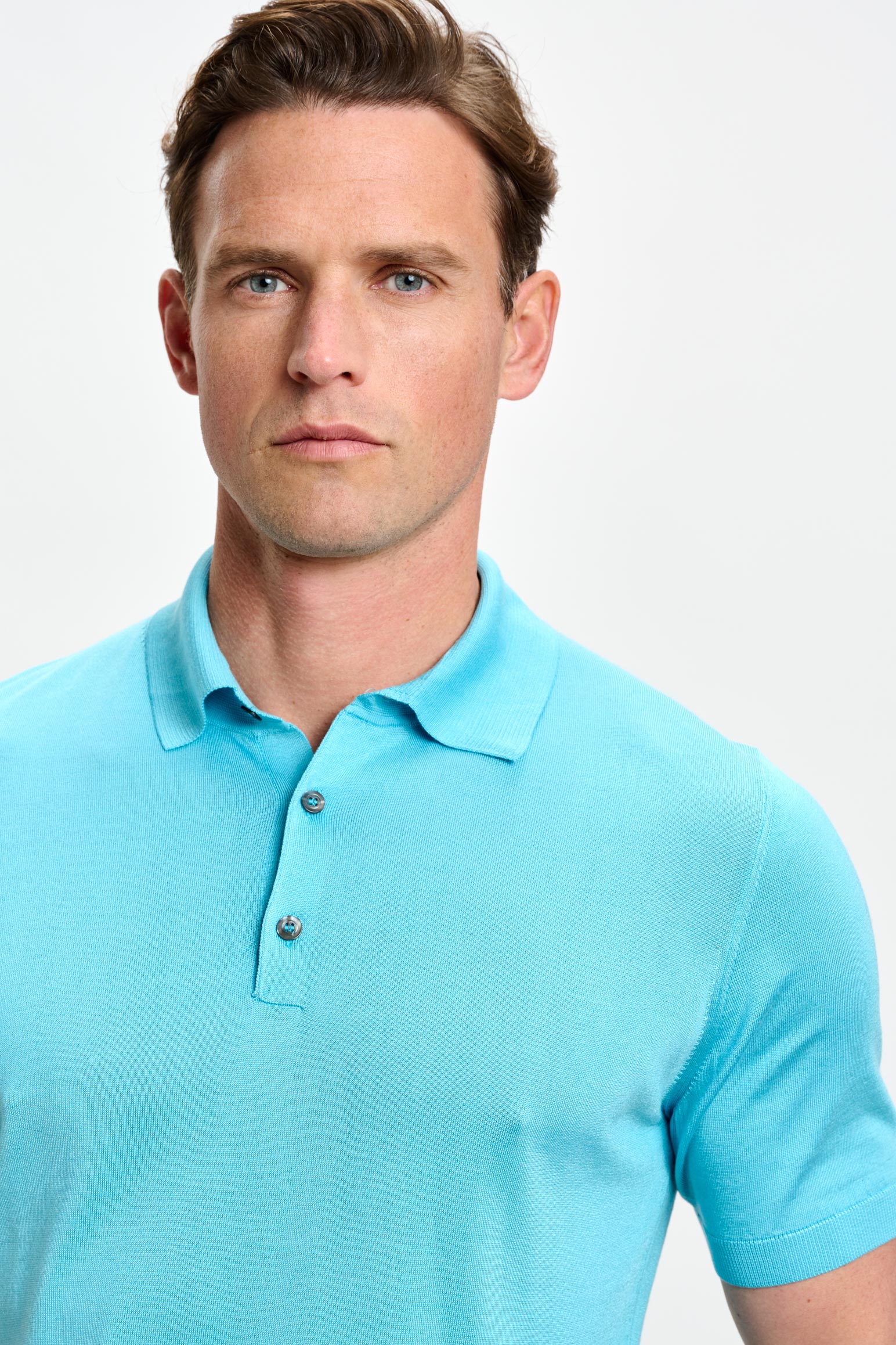 Turquoise Blue Silk Knitted Kendal Short Sleeve 3 Button Polo Shirt - Image 3