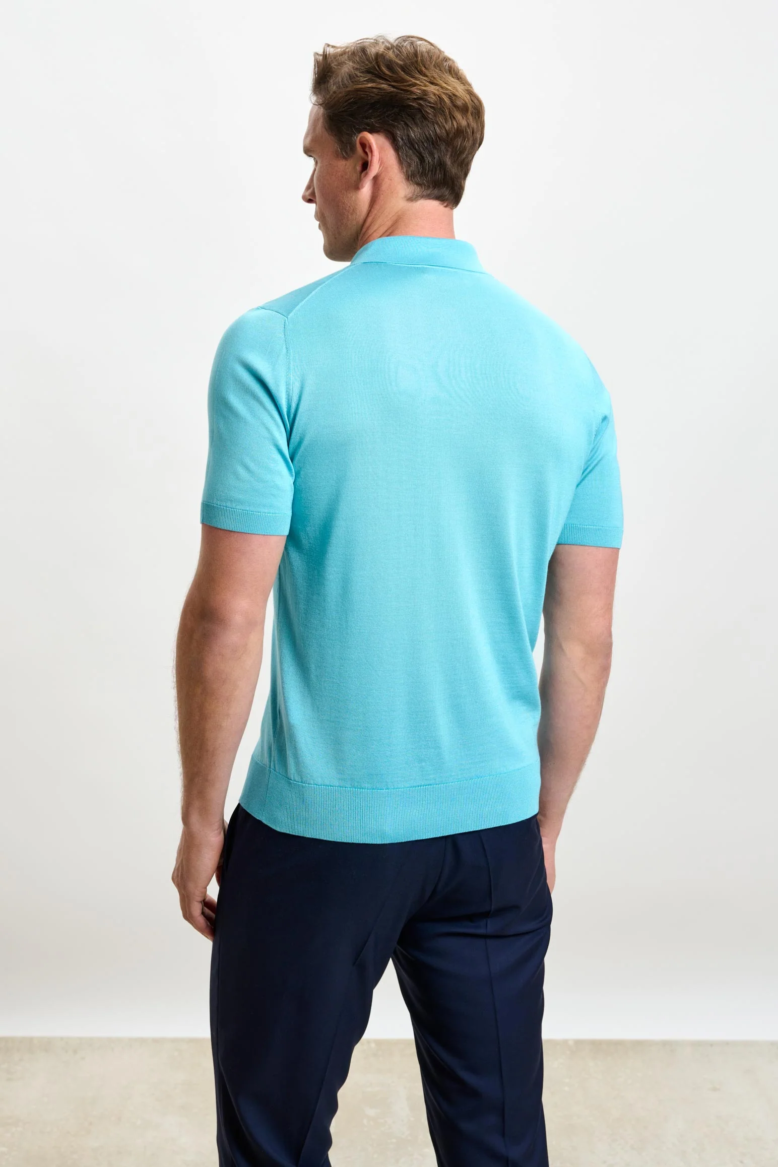 Turquoise Blue Silk Knitted Kendal Short Sleeve 3 Button Polo Shirt - Image 5