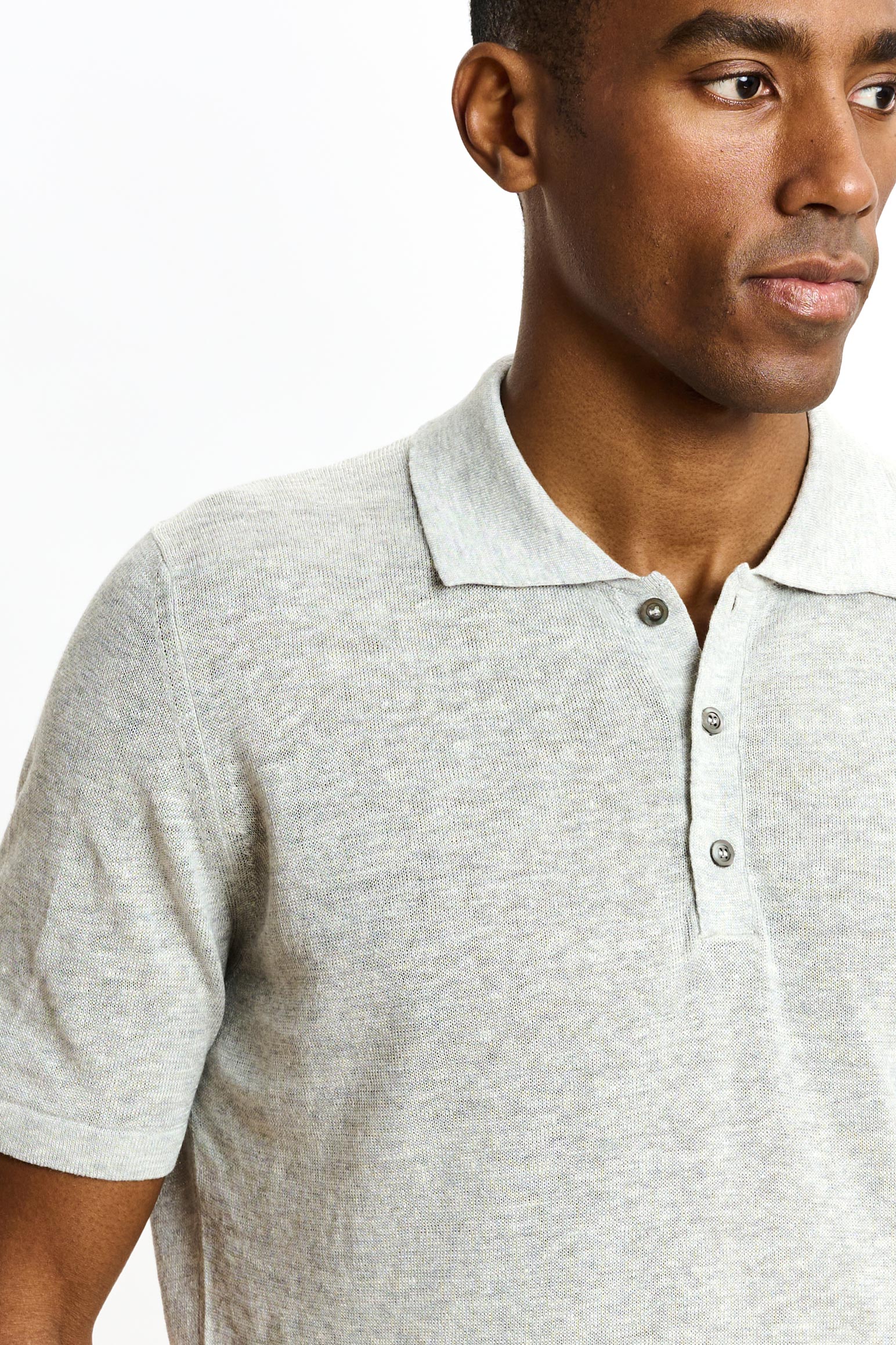 Navy Grey Linen & Cotton Kelso Knitwear Polo - Image 3