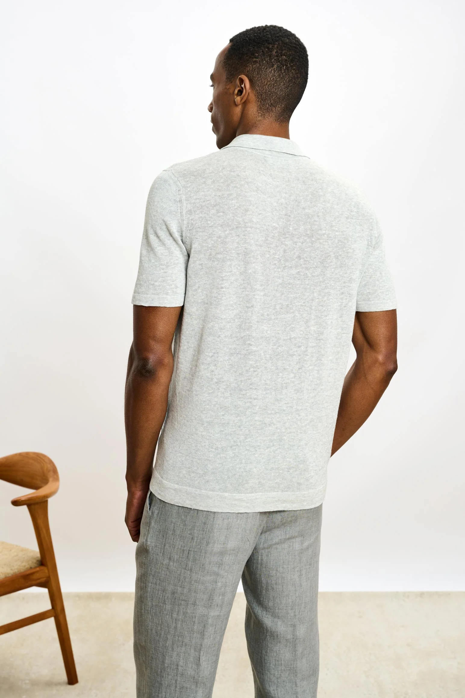 Navy Grey Linen & Cotton Kelso Knitwear Polo - Image 4