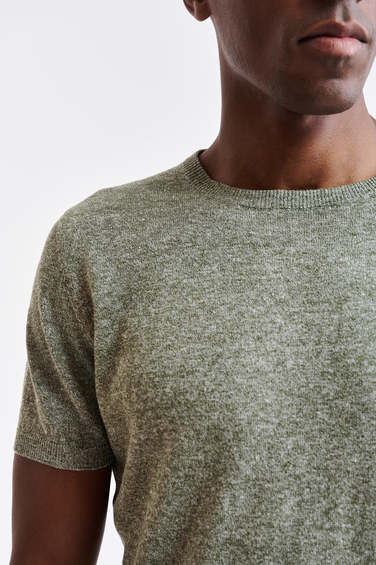 Military Green Melange Linen & Cotton Crewneck Sefton Knitwear - Image 3