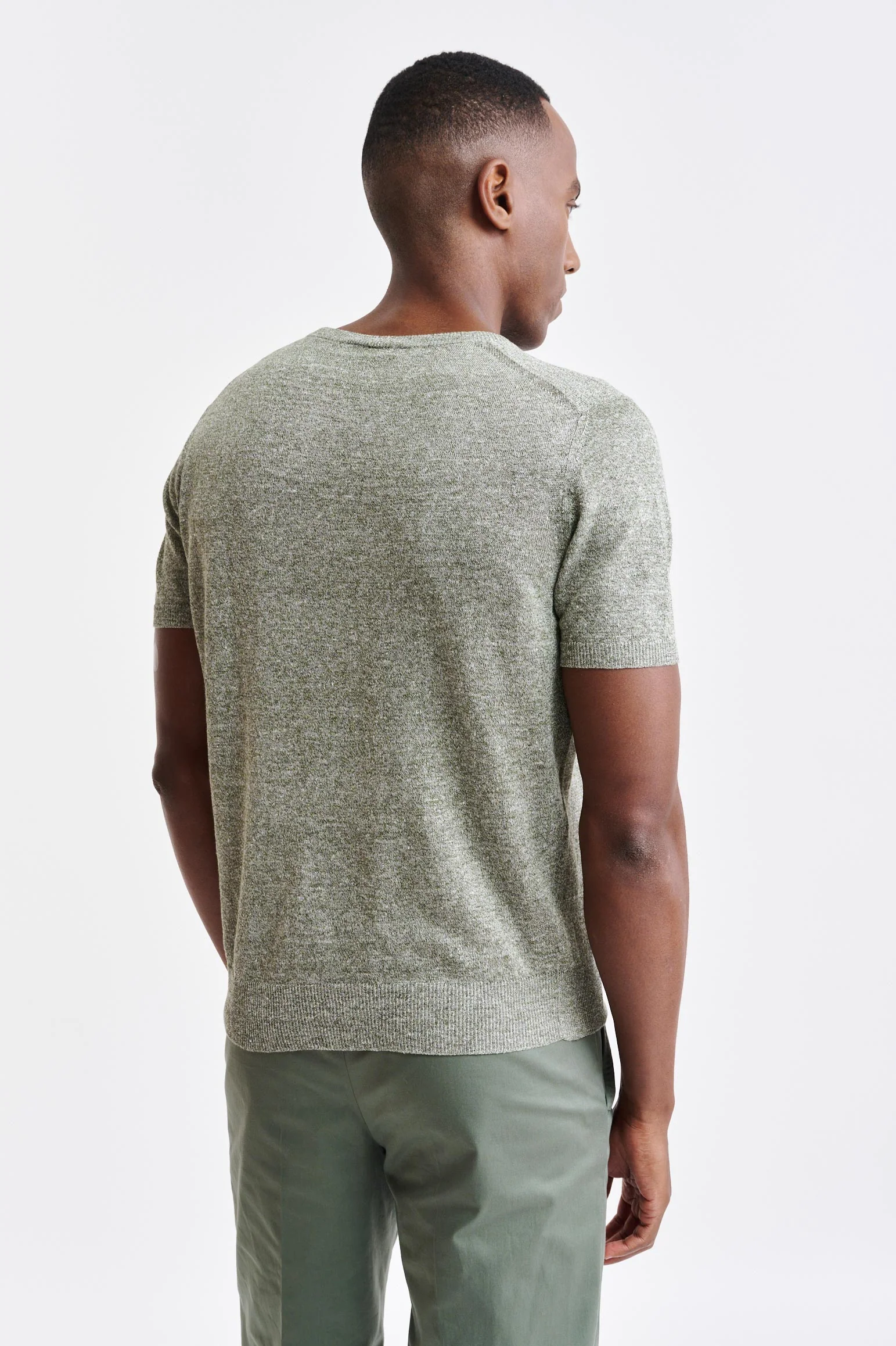 Military Green Melange Linen & Cotton Crewneck Sefton Knitwear - Image 4